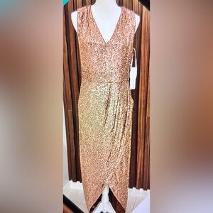 NWT Calvin Klein High-Low Maxi Sequin in Gold Gown - Sz 10